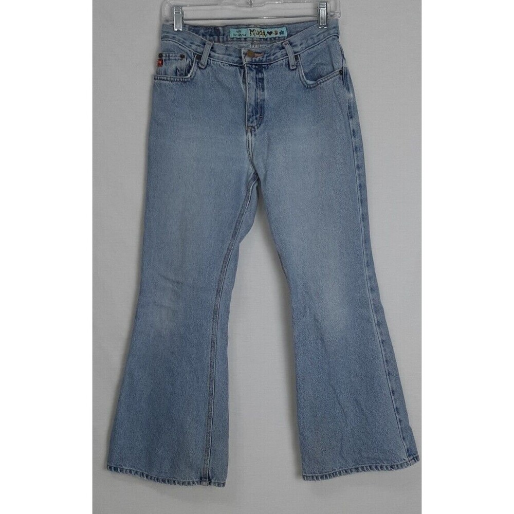 Mudd Girls Denim Jeans Size 12 1/2 28x26 Flare Vintage Y2K Handprint